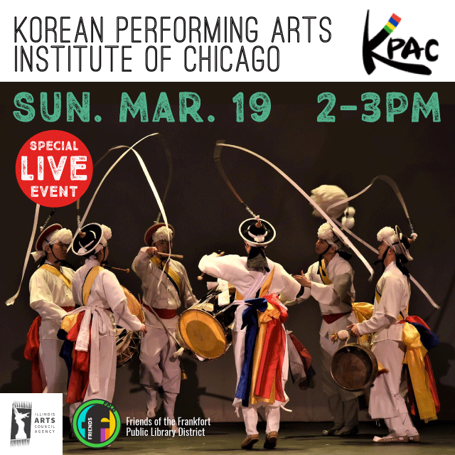 image of six musicians in a circle with drums. all are wearing white shirt and pants with colorful belts of yellow, blue, and red. text about reads Korean Performing Arts Institute of Chicago