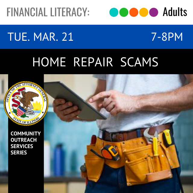 image of a person wearing a tool belt and holding a clipboard. text above read Home Repair Scams