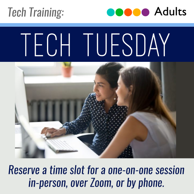 two people sitting in front of a computer. text reads: reserve a time slot for a one-on-one session in-person, over Zoom, or by phone