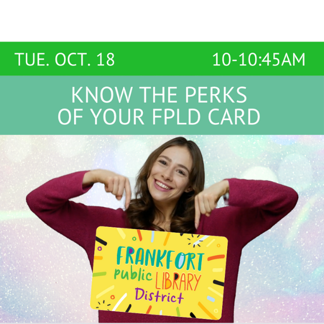 image of a woman pointing to an oversized bright yellow library card with the text Frankfort Public Library District