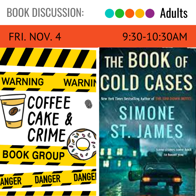 image of book cover with a car driving away. to the left of the book cover is the book group logo in yellow and black of a coffee cup and donut