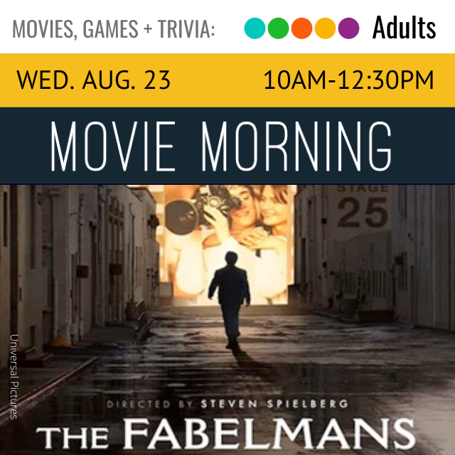 text reads Movie Morning. below is an image of a person walking away down the street of a movie stage