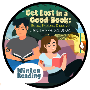 illustration of  two people reading books. text above in yellow Get Lost in a Good Book. blue text below Winter Reading