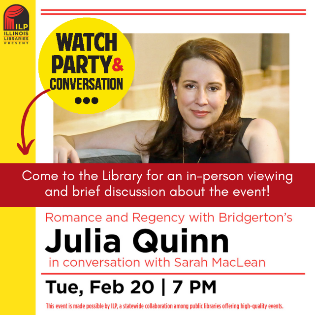 photograph of the author Julia Quinn. to the left is a yellow circle with the text Watch Party & Conversation
