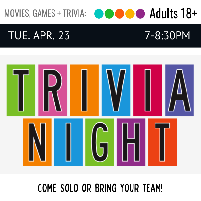 individual letters of Trivia Night are superimposed over block colors