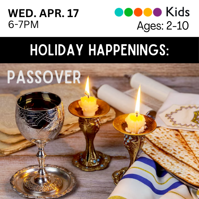 Program information overlaid on photo of Passover cup, candles.