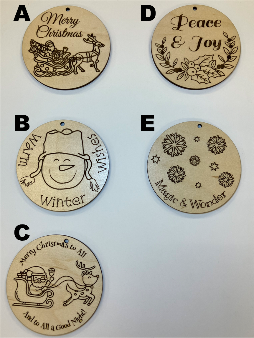 Image of 5 ornaments labeled A-E.