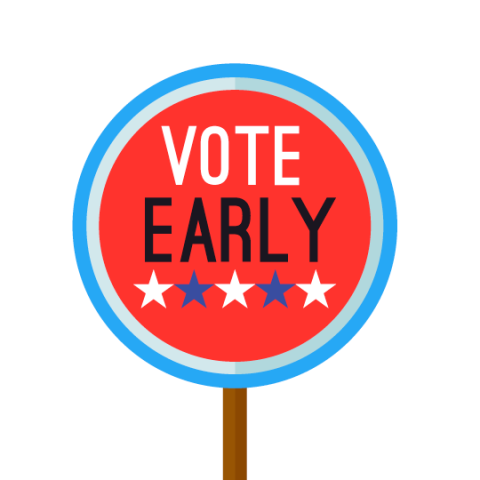 A red round sign that states Vote Early with white and blue stars