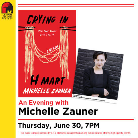 image of author and musician Michelle Zauner. to the left is an image of her book cover