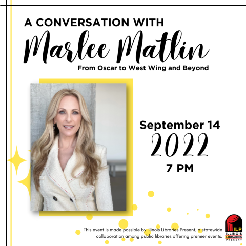 image of actress Marlee Matlin. Text above states A Conversation with Marlee Matlin