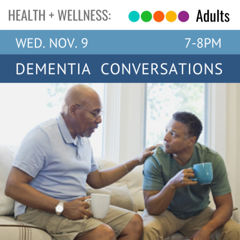 image of two adults holding coffee mugs and speaking to each other