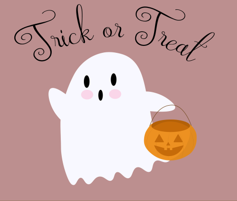 Ghost with a pumpkin with the words Trick or Treat above it