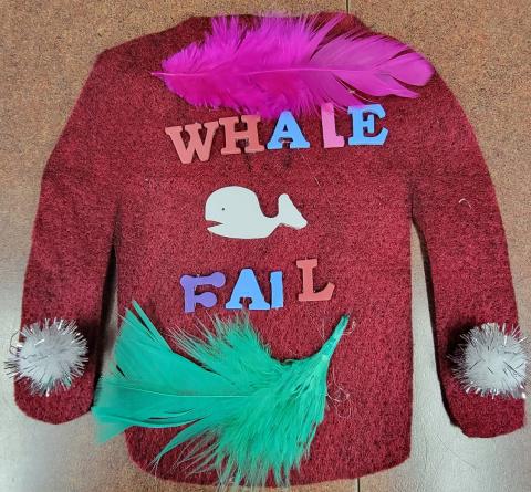 Picture of a a red sweater with a whale on it and the words Whale Fail