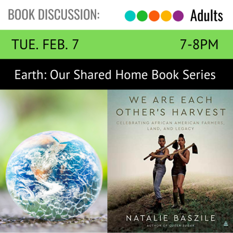 image of the earth. to the left is an image of a book cover with two people standing with garden hoes on their shoulders; text above is the book title, We Are  Each Other's Harvest