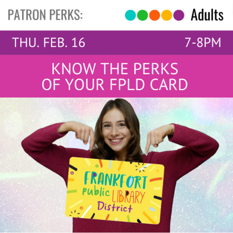 image of a person pointing with both hands to a large, yellow Frankfort Public Library District card 