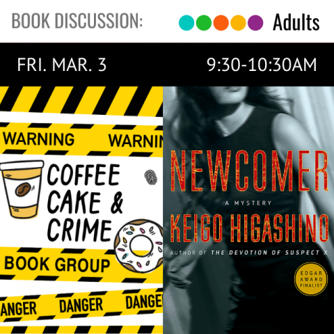 on the left is a black and yellow design with text Coffee Cake & Crime. On the right is an image of the book cover in shades of black, white, and gray with an image of a woman in a black dress. over this image is text in red that reads Newcomer