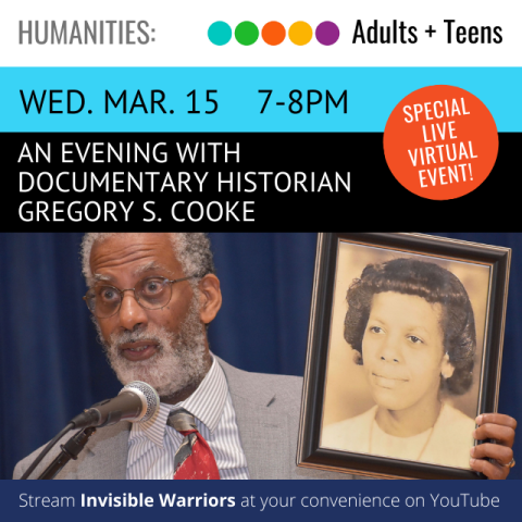 image of a man speaking into a microphone while holding a sepia-colored framed photograph. text above reads An Evening with Documentary Historian Gregory S. Cooke