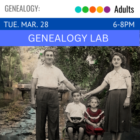 image of a black and white photograph with a man and woman holding holds and two children sitting between them. Text above reads Genealogy Lab