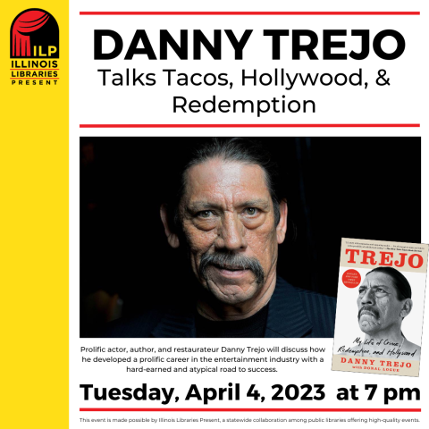 text reads Danny Trejo Talks Tacos, Hollywood, & Redemption. below is an image of actor Danny Trejo along with a smaller image of his book jacket cover