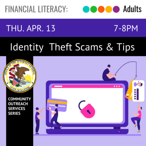 text reads Identity Theft Scams & Tips. below is an illustration of a computer with  a person sitting on top with a fishing pole and mulitple credit cards or identification cards on the fish hook with a person reasing up to take them. a person on the bottom left carrying a credit and handing it to another person.