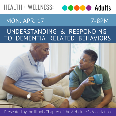 text reads Understanding and Responding to Dementia Related Behaviors. below is an image of two men holding coffee mugs and speaking to each other