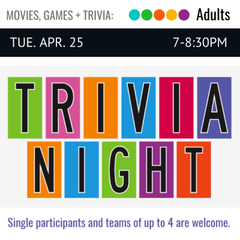 text reads Trivia Night, each letter is superimposed over a color block