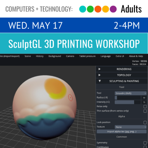 text reads SculptGL 3D Imaging Workshop. below is a screenshot of the software with a multi-colored sphere on a black and white grid