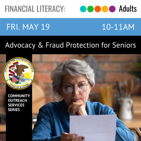 text read Advocacy and Fraud Protection for Seniors. below is an image of an older person reading from a paper.