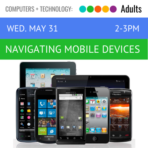 text reads Navigating Mobile Devices. below is an image of multiple devices: smartphones, tablets