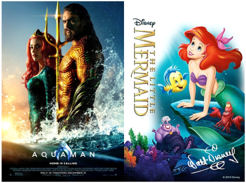 Movie posters for Aquaman and The Little Mermaid cartoon