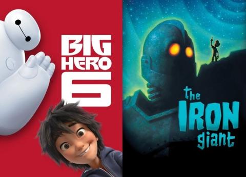 Big Hero Six poster featuring Baymax and boy, Iron Giant Poster featuring Giant Robot and boy on his shoulder