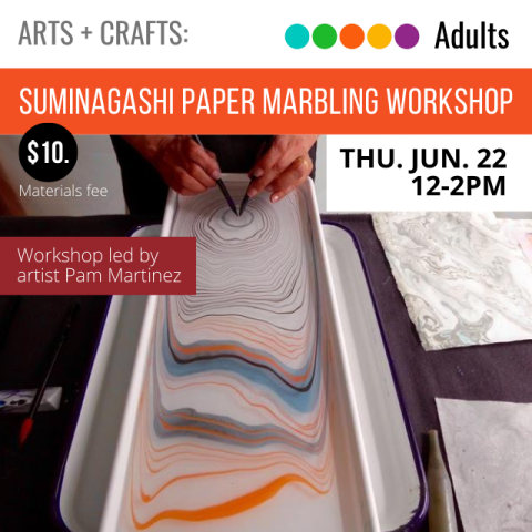 text reads Suminagashi Paper Marbling Workshop Thu Jun 22 12-2pm $10 materials fee.  photo of multiple colors of paint floating in water and two hands holding  ink sticks