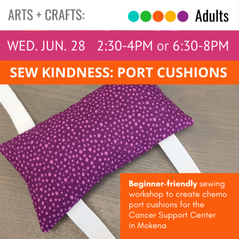 text reads wed jun 28 2:30-4pm or 6:30-8pm Sew kindness: Port Cushions. below is an image of purple cushion with two white straps. 