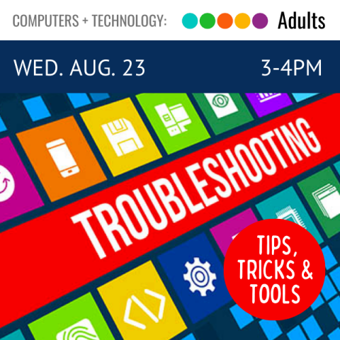 white text on red background reads Troubleshooting. also on background are multicolored blocks with technology icons