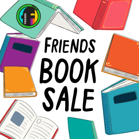 image of multiple illustrated drawings of books surrounding text that reads Friends Book Sale