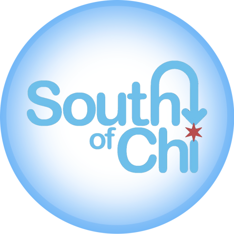 South of Chi Production's logo. Blue circle with South of Chi and a red star on the i in Chi.