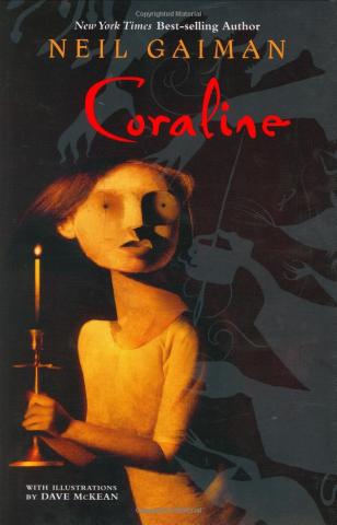Coraline book cover - illustration of a girl with a candle