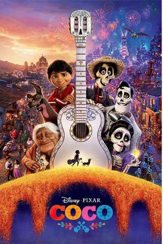 Coco movie poster, with characters arranged around a guitar