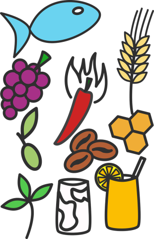 illustration of foods: fish, grains, fruit, drink, beans