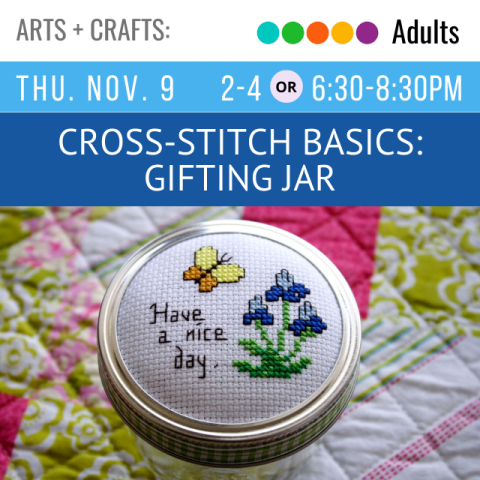 image of a cross-stitched glass jar lid with a butterfly, flowers, and text that reads Have a Nice Day
