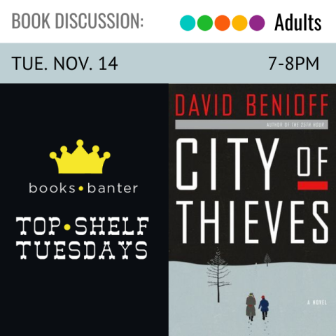 image of book cover with title City of Thieves above an illustration of two people walking in snow