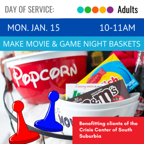 photograph of a bucket with the word popcorn on it, a second bucket is filled with candy. two illustrated red and blue game pieces are superimposed on the photograph