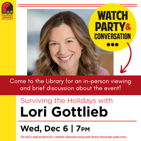 photograph of a smiling woman. in a yellow circle, Watch Party & Conversation. red arrow points to a red banner with text Come to the Library for an in-person Viewing and and brief discussion about the event