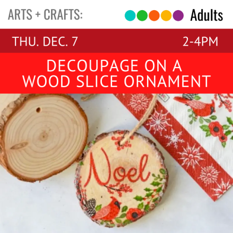wood slice decorated with the word Noel in red. below is a cardinal sitting amid greenery