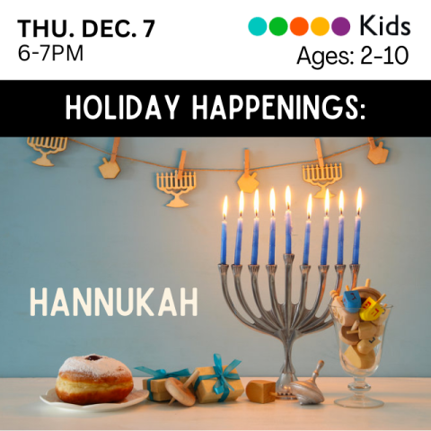 A photograph of a menorah with all of the candles lit, some wrapped gifts and a pastry as well as Hannakah decorations hanging on the wall.