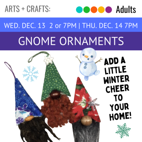 image of three gnome ornaments. to the right, text reads Add a Little Winter Cheer to Your Home