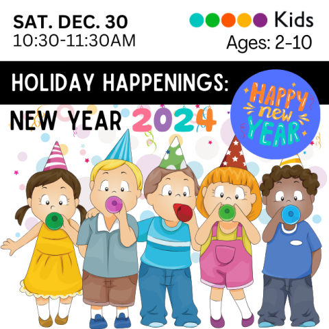 Illustration of five children of different racial backgrounds with noisemakers celebrating the New Year.