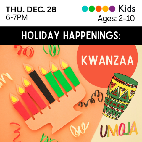 Illustration of lit Kwanzaa candles and African drum. 