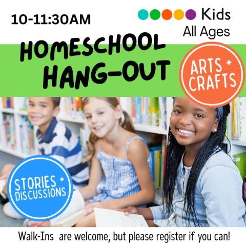 Three kids of different racial backgrounds sitting together in front of library bookshelves along with program information.