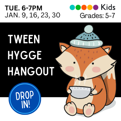 An illustrated fox with a cozy winter hat and a mug in its paws with a black background and a bubble that reads drop in. 